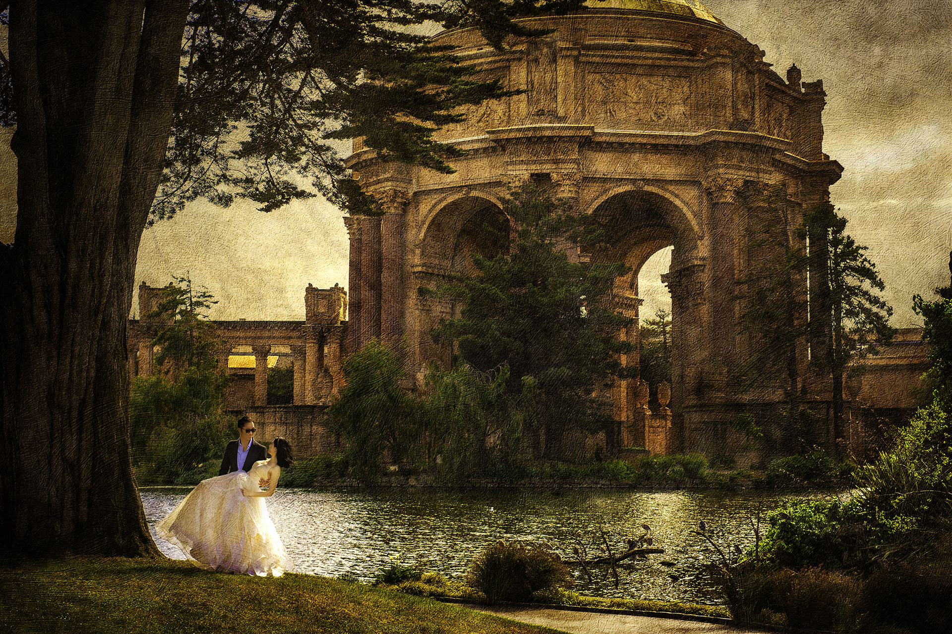 couple dancing in palace of fine art san francisco with texture