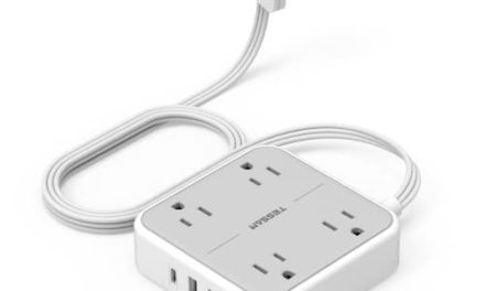 Compact Charging Station: Flat Plug Power Strip, 5ft Extension Cord with USB Charger and 4 Slim Outlets