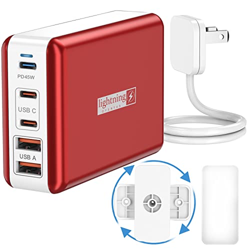 Super Fast 5-Port USB Charger: Type C & USB Ports, Apple&Samsung Compatible, Red