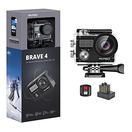Capture fearless moments with AKASO Brave 4: 4K action cam, EIS, waterproof, remote control, 5X zoom, 2 batteries, accessories & external mic.