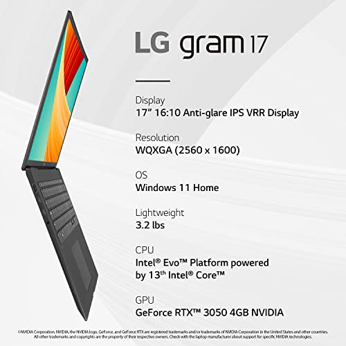 Powerful and Lightweight: LG gram 17″ Laptop, Intel Core i7, Windows 11, NVIDIA RTX3050, 32GB RAM, 2TB SSD