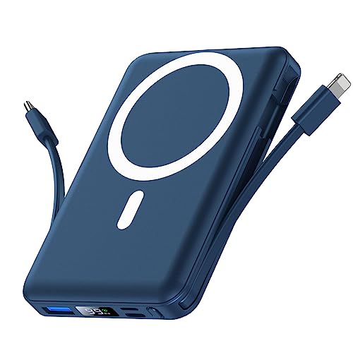 Powerful Magnetic Wireless Power Bank for Fast Charging – 10000mAh Slim Charger with Built-in Cables and LED Display for iPhone 14/13/12/Pro/Mini/Pro Max (Blue)