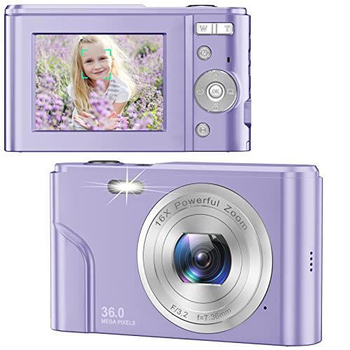 Kids’ Camera: Capture Amazing Moments with 1080P FHD, 36MP LCD Screen, 16X Zoom, Rechargeable – Perfect for Teens, Boys, and Girls! (Purple)