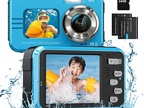 “Capture the Depths: 4K Waterproof Camera with Dual Screens, 64GB Card, and 16X Digital Zoom – Ideal for Snorkeling, Kids – Includes Fill Light and 2 Batteries!”