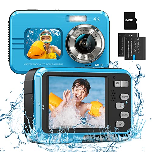 “Capture the Depths: 4K Waterproof Camera with Dual Screens, 64GB Card, and 16X Digital Zoom – Ideal for Snorkeling, Kids – Includes Fill Light and 2 Batteries!”