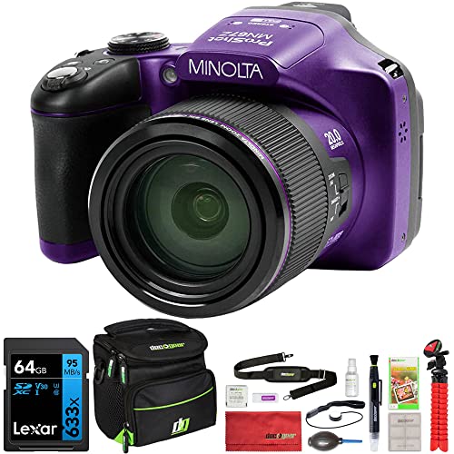 “Capture Every Detail: Minolta’s 67x Optical Zoom Camera with HD Video, 64GB Memory Card, and Stylish Purple Bag”