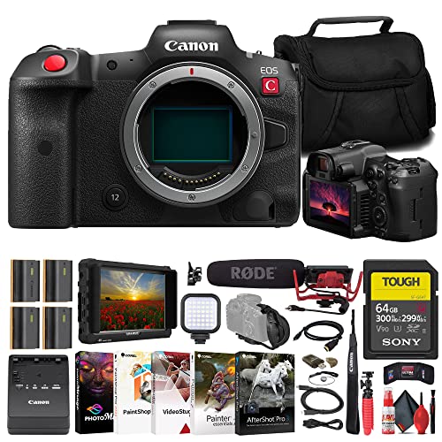 Powerful Canon EOS R5 C Camera Bundle: 4K Monitor, Rode VideoMic, Sony SD Card, Bag, Battery, Card Reader, LED Light & More!