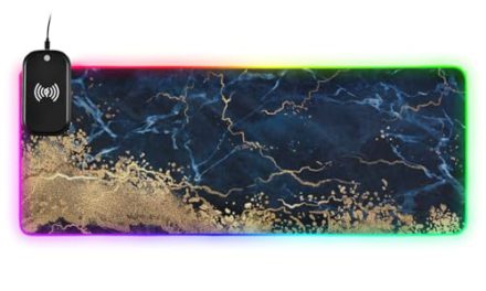 Elevate Your Desk: Luxe White Blue Marble Mousepad, Wireless Charging, 14 Lighting Effects, 35.4×15.7 in