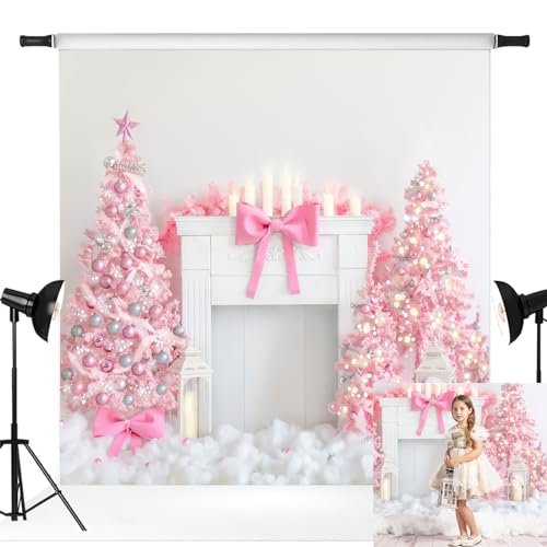 Enchanting Pink Xmas Trees & Fireplace Backdrop: Perfect for Girls’ Party & Home Decor!