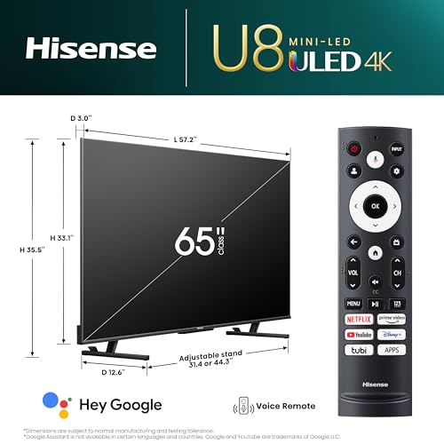 Immerse with Hisense 65″ U8 Mini-LED UHD Smart TV – Vibrant QLED, 144Hz, Dolby Vision IQ