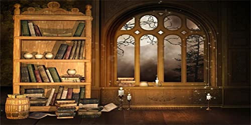 Enchanting Vintage Room Photo Backdrop: Bookcase, Moon, Candle