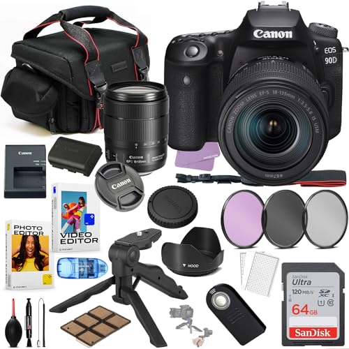 Capture Perfect Moments: Canon EOS 90D DSLR with 18-135mm Lens, Filters, Remote, Sandisk 64GB & More!