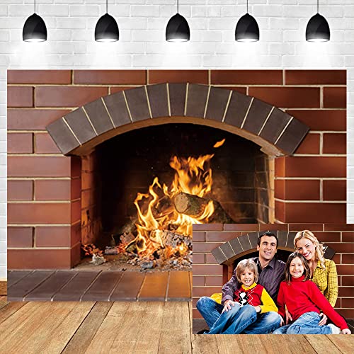 Fiery Christmas Party Backdrop: Red Brick Wall & Blazing Firewood