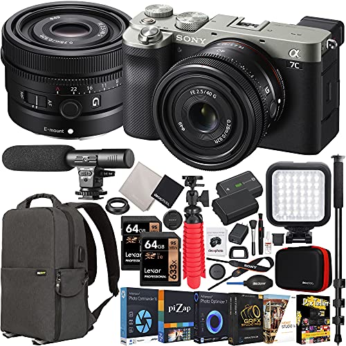 Sony a7C Mirrorless Camera Bundle: Compact Lens, Backpack, Mic, LED