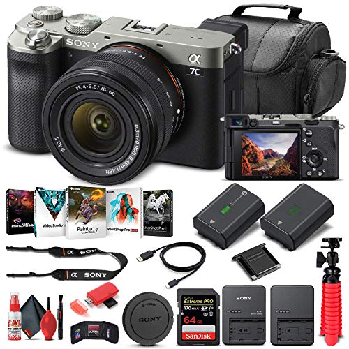 Sony Alpha a7C Mirrorless Camera Bundle: Silver, 28-60mm Lens, 64GB Memory, Powerful Battery, Software, Case, Charger, Reader & More! (Renewed)