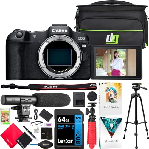 Capture the Moment: Canon EOS R8 Camera Bundle with Bag, Mic, Tripod, Software & More