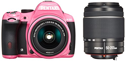 Capture Perfect Moments: Pentax K-50 DSLR Camera Kit – 16MP, 18-55mm & 50-200mm WR Lenses (Pink)