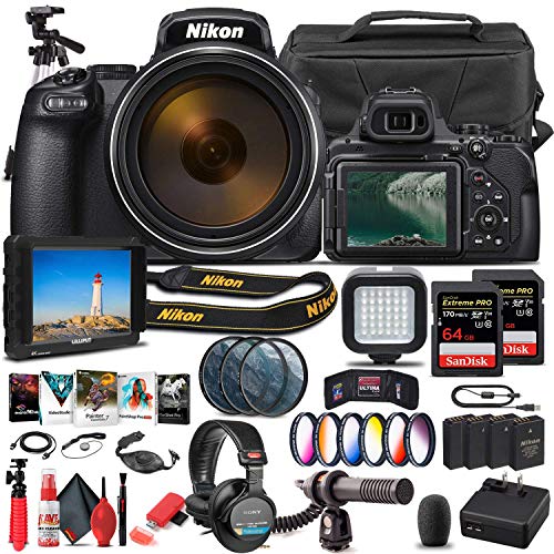 Capture the Ultimate Photography Kit: Nikon P1000 Camera + 4K Monitor + Pro Headphones + Mic + 2x 64GB Memory Card + Case + Corel Photo Software + Pro Tripod + 3x EN-EL 20 Battery + Card Reader + More (Renewed)