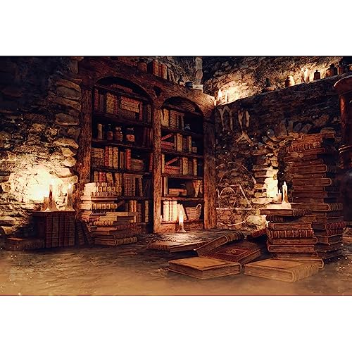 Enchanting Medieval Stone House Backdrop: Wizard Magic Library, Ancient Books, Halloween Party Decor!