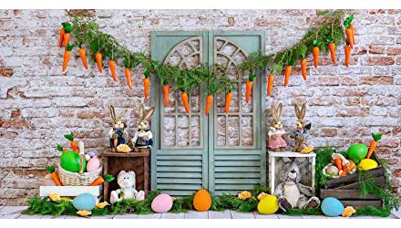 Capture the Magic: Easter Photography Backdrop with Colorful Eggs, Garden Door, and Wood Floor