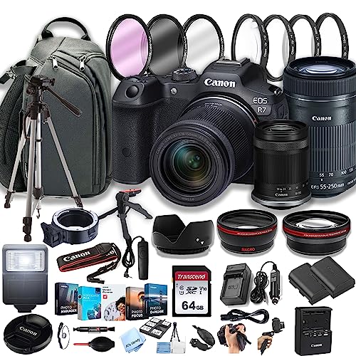 Capture Memories: Canon EOS R7 Mirrorless Camera + RF-S 18-150mm Lens + 55-250mm Lens + 64GB Memory Cards – 42pc Bundle