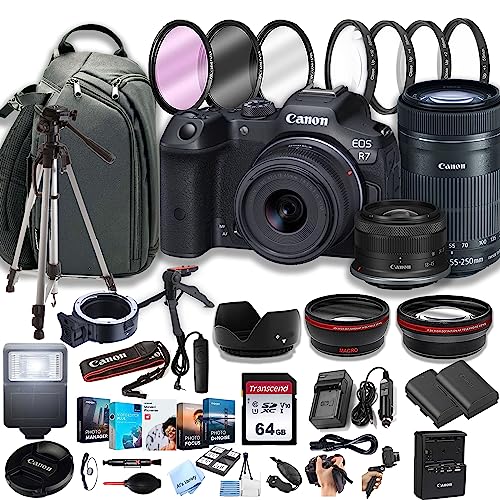 Capture Stunning Photos: Canon EOS R7 Mirrorless Camera + RF-S 18-45mm + 55-250mm Lenses + 64GB Memory Cards (42pc Bundle)